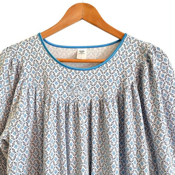 Calida Soft Cotton Nightgown Size Large Long Sleeve Blue Floral Modest - Picture 2 of 5